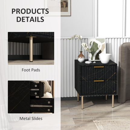 Elegant Two-Drawer Bedside Table with Marble Pattern and Gold Accents - Black