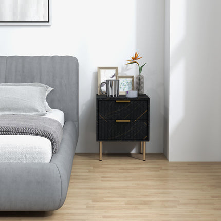 Elegant Two-Drawer Bedside Table with Marble Pattern and Gold Accents - Black