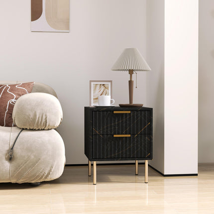 Elegant Two-Drawer Bedside Table with Marble Pattern and Gold Accents - Black