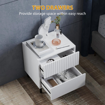 Simple Line Two-Drawer Bedside Table with Indented Detail - White