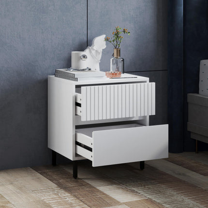 Simple Line Two-Drawer Bedside Table with Indented Detail - White