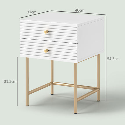 Set of Two Elegant Bedside Tables with Drawers - White/Gold-Tone