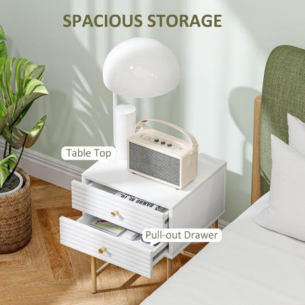 Set of Two Elegant Bedside Tables with Drawers - White/Gold-Tone