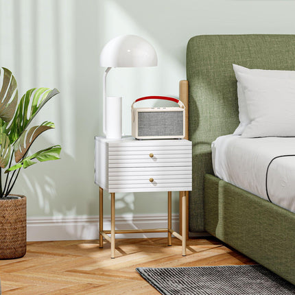 Set of Two Elegant Bedside Tables with Drawers - White/Gold-Tone