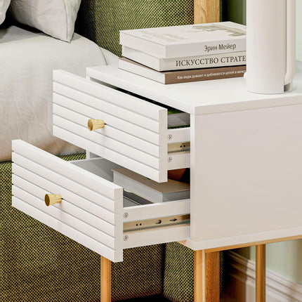Set of Two Elegant Bedside Tables with Drawers - White/Gold-Tone