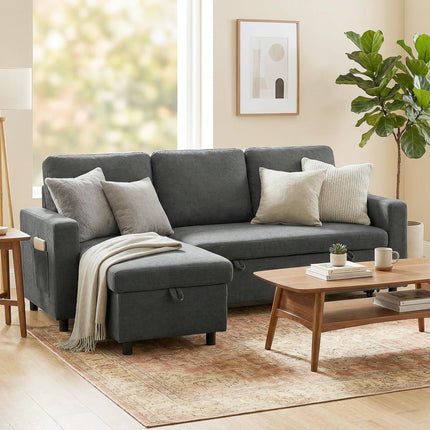 Convertible L-Shaped 3 Seater Sofa Bed with Storage and Reversible Chaise - Charcoal Grey