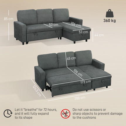 Convertible L-Shaped 3 Seater Sofa Bed with Storage and Reversible Chaise - Charcoal Grey