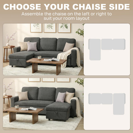 Convertible L-Shaped 3 Seater Sofa Bed with Storage and Reversible Chaise - Charcoal Grey