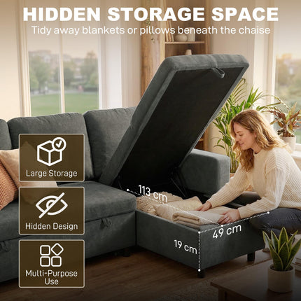 Convertible L-Shaped 3 Seater Sofa Bed with Storage and Reversible Chaise - Charcoal Grey