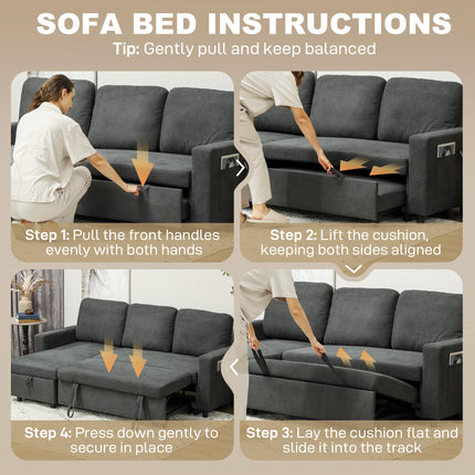 Convertible L-Shaped 3 Seater Sofa Bed with Storage and Reversible Chaise - Charcoal Grey