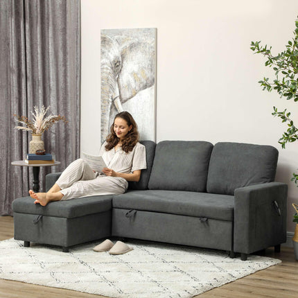 Convertible L-Shaped 3 Seater Sofa Bed with Storage and Reversible Chaise - Charcoal Grey