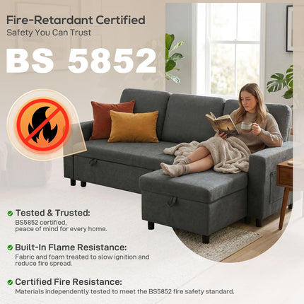 Convertible L-Shaped 3 Seater Sofa Bed with Storage and Reversible Chaise - Charcoal Grey