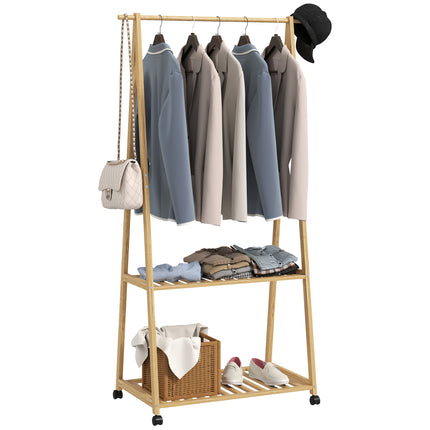 Bamboo Clothes Rack with Shelves and Hooks - Natural Finish