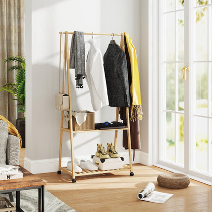 Bamboo Clothes Rack with Shelves and Hooks - Natural Finish