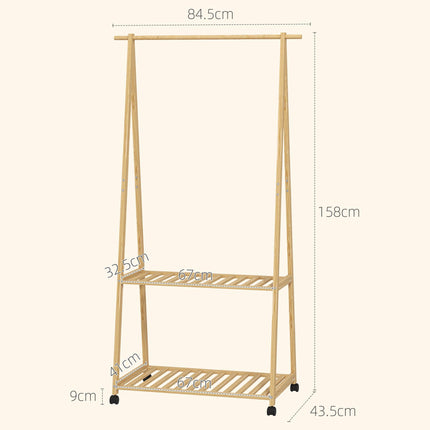 Bamboo Clothes Rack with Shelves and Hooks - Natural Finish