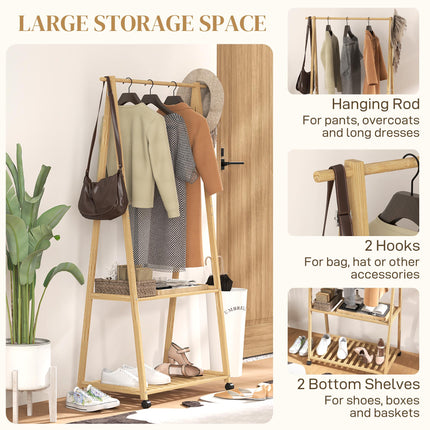Bamboo Clothes Rack with Shelves and Hooks - Natural Finish