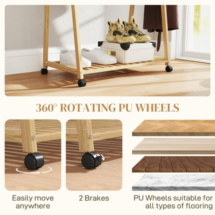 Bamboo Clothes Rack with Shelves and Hooks - Natural Finish