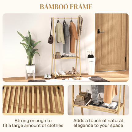 Bamboo Clothes Rack with Shelves and Hooks - Natural Finish