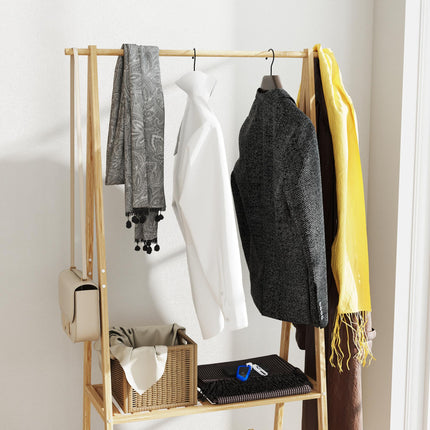 Bamboo Clothes Rack with Shelves and Hooks - Natural Finish