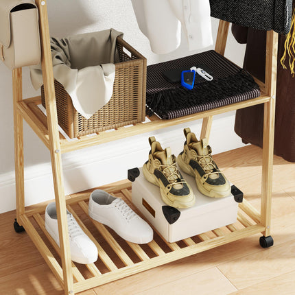 Bamboo Clothes Rack with Shelves and Hooks - Natural Finish