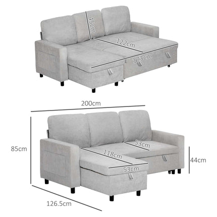 L Sofa Bed with Storage, Reversible Chaise - Light Grey