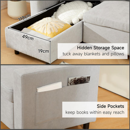L Sofa Bed with Storage, Reversible Chaise - Light Grey