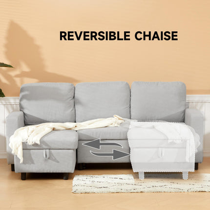 L Sofa Bed with Storage, Reversible Chaise - Light Grey