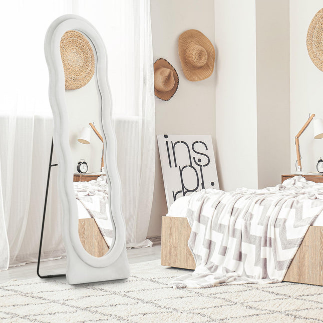 Wavy Velvet-Feel Full Length Mirror - White