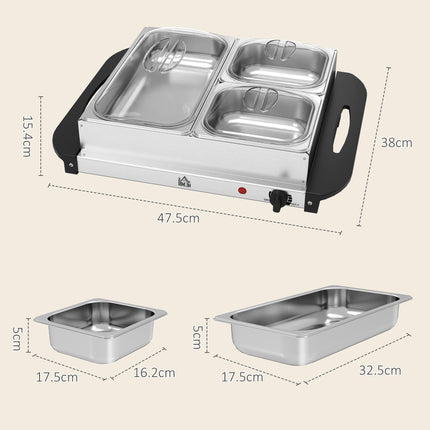 Electric Food Warmer 4 Tray 4.5L Buffet Server with Adjustable Temperature and Lids - Silver