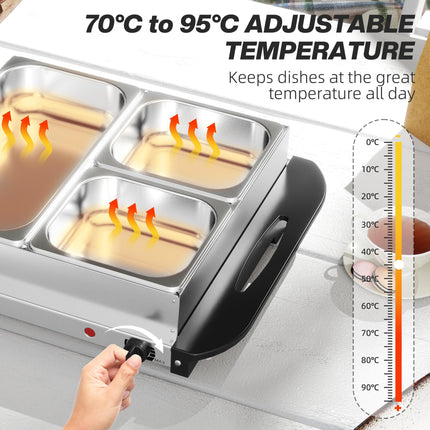 Electric Food Warmer 4 Tray 4.5L Buffet Server with Adjustable Temperature and Lids - Silver