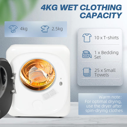 4kg Vented Tumble Dryer with Smart Mode & Deodorize, 800W Front Load Stainless Steel Tub - White