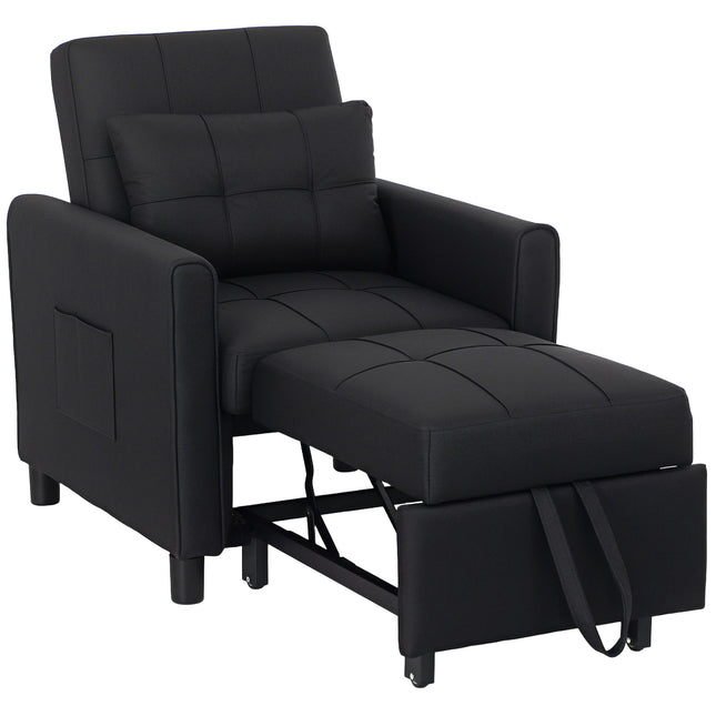 Linen-Look Single Chair Bed with Adjustable Backrest and Pillow - Black