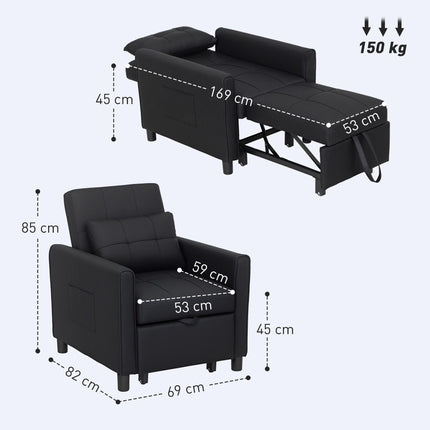 Linen-Look Single Chair Bed with Adjustable Backrest and Pillow - Black