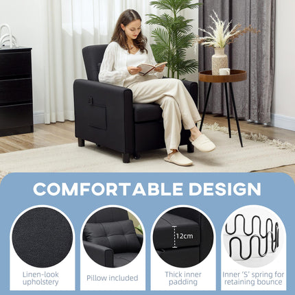 Linen-Look Single Chair Bed with Adjustable Backrest and Pillow - Black