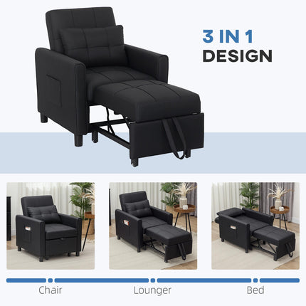 Linen-Look Single Chair Bed with Adjustable Backrest and Pillow - Black