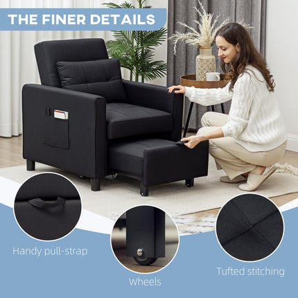 Linen-Look Single Chair Bed with Adjustable Backrest and Pillow - Black
