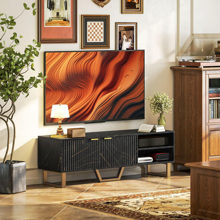Marble Effect TV Unit for up to 70" TVs with Shelves, Storage Cupboard & Cable Management - Black