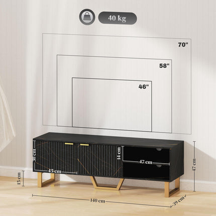 Marble Effect TV Unit for up to 70" TVs with Shelves, Storage Cupboard & Cable Management - Black