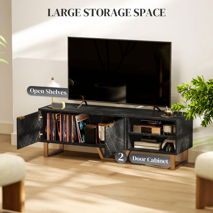 Marble Effect TV Unit for up to 70" TVs with Shelves, Storage Cupboard & Cable Management - Black
