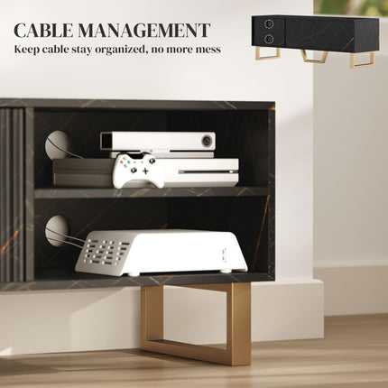 Marble Effect TV Unit for up to 70" TVs with Shelves, Storage Cupboard & Cable Management - Black