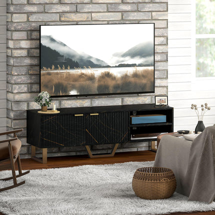 Marble Effect TV Unit for up to 70" TVs with Shelves, Storage Cupboard & Cable Management - Black