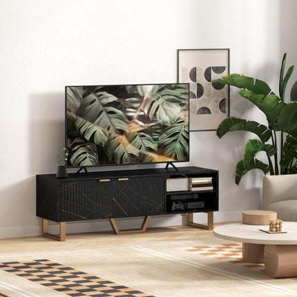 Marble Effect TV Unit for up to 70" TVs with Shelves, Storage Cupboard & Cable Management - Black