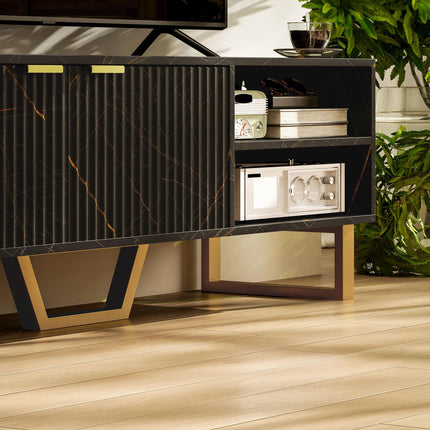 Marble Effect TV Unit for up to 70" TVs with Shelves, Storage Cupboard & Cable Management - Black