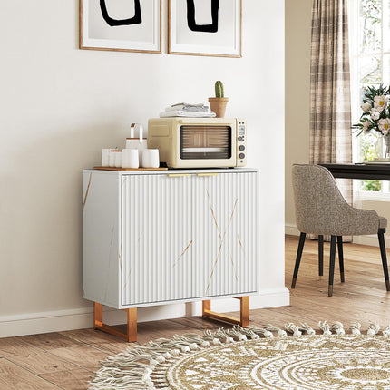 Elegant Storage Sideboard with Ridged Front and Shelves - White/Gold-Tone