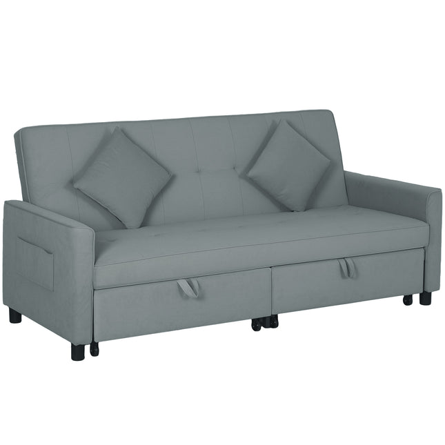 Three-Person Velvet-Feel Sofa Bed with Pillows - Grey