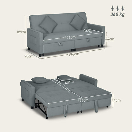 Three-Person Velvet-Feel Sofa Bed with Pillows - Grey