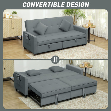 Three-Person Velvet-Feel Sofa Bed with Pillows - Grey