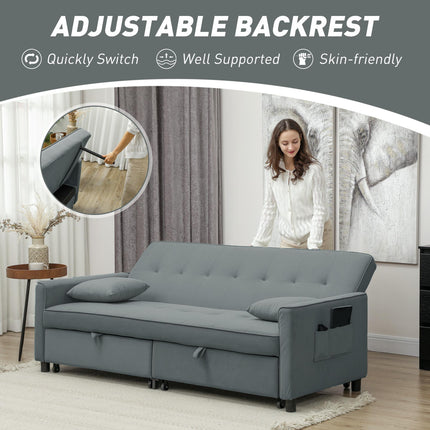 Three-Person Velvet-Feel Sofa Bed with Pillows - Grey
