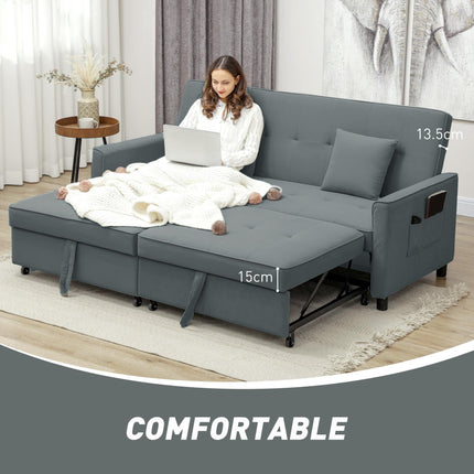 Three-Person Velvet-Feel Sofa Bed with Pillows - Grey