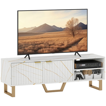 Marble Effect TV Unit with Fluted Doors and Storage for up to 70" TVs - White